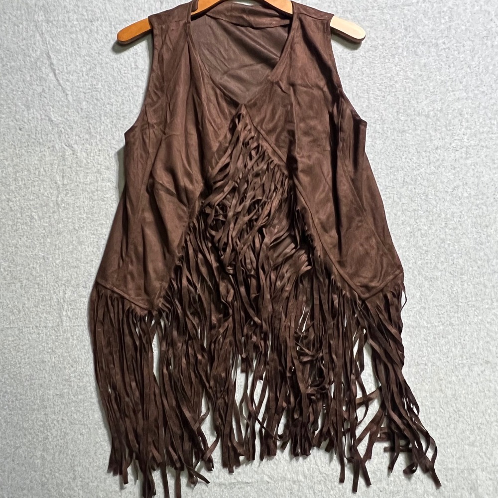 Womens Brown Faux Suede Fringe Vest Boho Western Tassel Sleeveless Top Size M